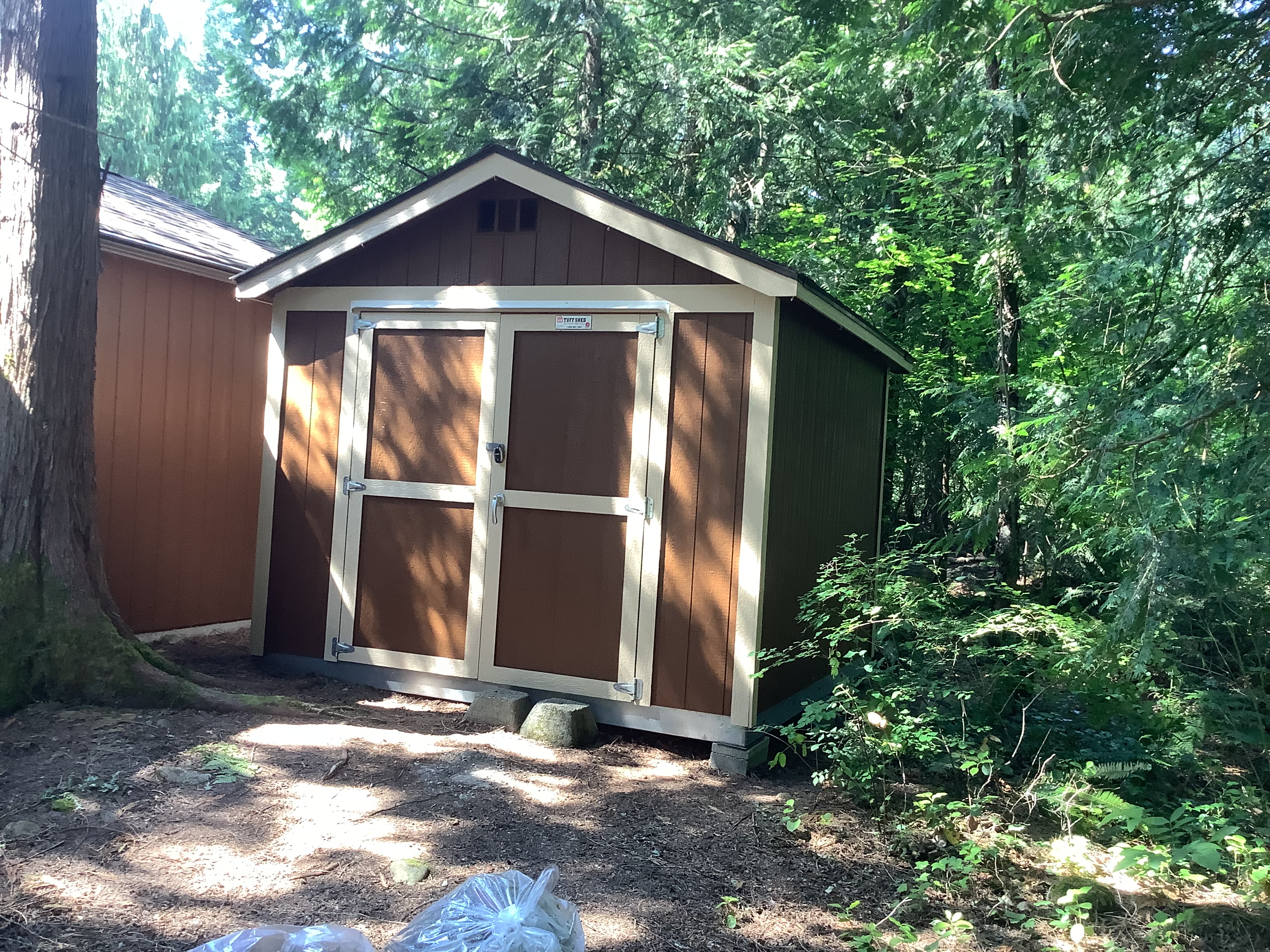 Brown shed with cream trim painted beside a wooded lot